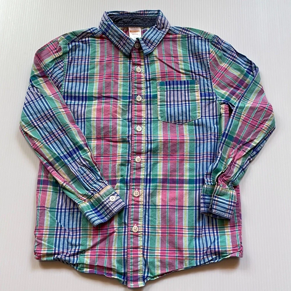Gymboree blue, white, pink & green plaid long sleeve button down.  Boy Medium